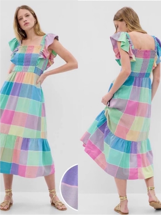 GAP Dresses & Skirts - Gap Linen-Blend Colorful Pastel Flutter Sleeve Smocked Midi Dress NWT